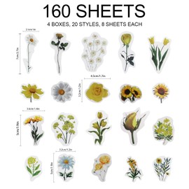 Modixun 160pcs Flower Plant Stickers,20 Patterns PET Transparent Decorative Stickers, Floral Scrapbooking for Craft Album Journal, Style B