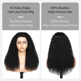 Qmaple 4C Edges Kinky Curly Lace Front Wigs Human Hair 13x4 HD Transparent Lace Frontal Wigs with Curly Edges Baby Hair 250% Density Deep Wave Curly Wig Pre-Plucked Hairline 20Inch