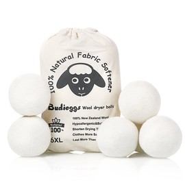 Budieggs Wool Dryer Balls Organic XL 6-Pack, 100% New Zealand Wool Chemical Free Fabric Softener for 1000+ Loads, Baby Safe & Hypoallergenic, Fabrics Soft and Fluffy Naturally