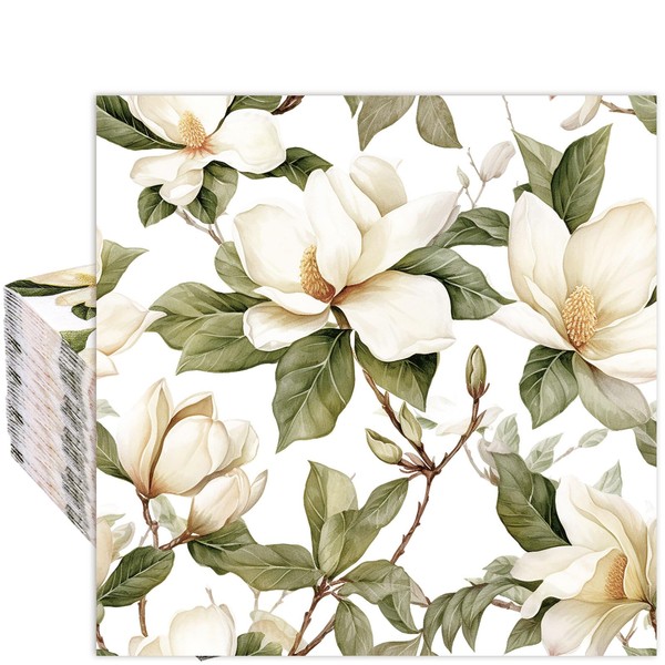 Whaline - Servilletas de papel de magnolia con flores blancas