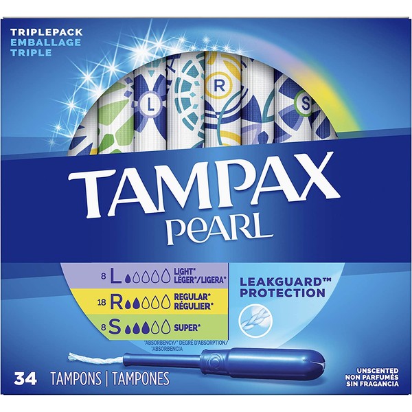 Tampax Pearl Plastic Tampons Light/Regular/Super Absorbency Multipack, Unscented, 34 Count (Pack of 6) (204 Total Count)