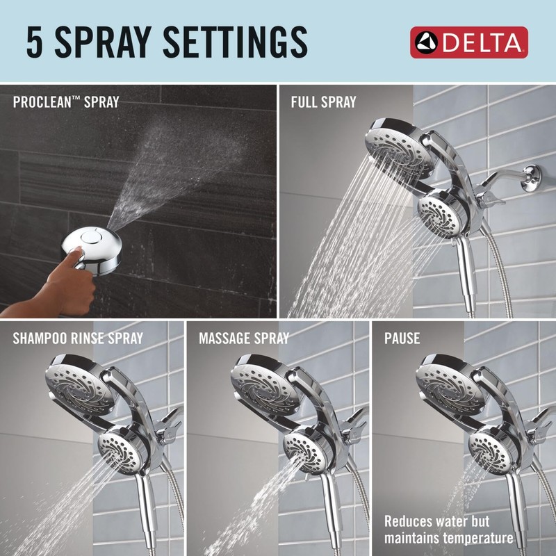 Delta 5-Setting HydroRain 2-in-1 Dual Shower Head with ProClean Spray,