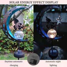 JoyEvy Outdoor Moon with Fairy Solar Light Garden Stake-34 Inch Fairy Garden Gifts Decor for Outside Lawn- Solar Lights Crackle Glass Globe Patio Landscape Pathway Decorations