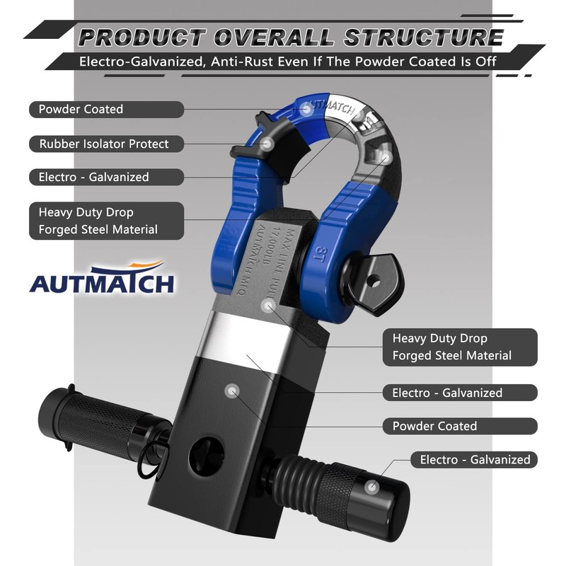 AUTMATCH Shackle Hitch Receiver 2" with 3/4" Mega D Ring