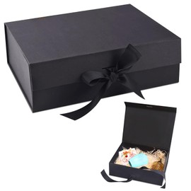 Gift Box with Bow, 23 x 17 x 7 cm, Magnetic Gift Box with Lid, Decorative Box, Foldable Gift Box, Gift Packaging Box, for Anniversaries, Banquets, Birthday Parties, Christmas (Black)