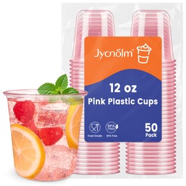 Jycnolm 50 Pcs Disposable Stemless Glasses, 12oz Plastic Wine Glasses Clear Cocktail Cold Drinking Cups for Meeting, Wedding, Christmas, Holiday Party (Pink)