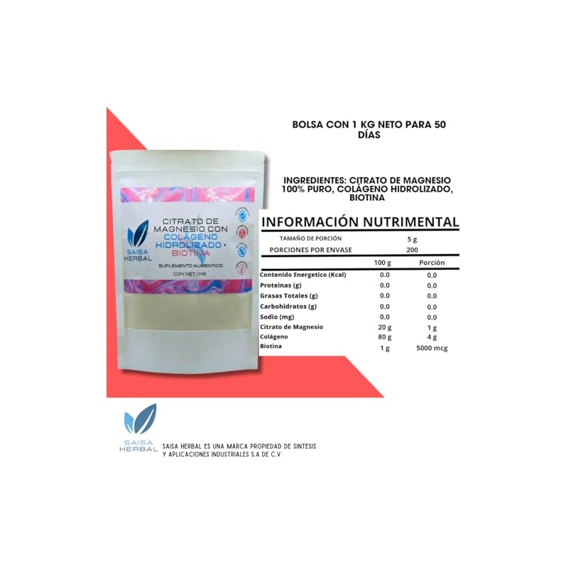 Colageno Hidolizado Citrato de Magnesio Biotina Bolsa con 1 Kg