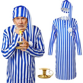 Liitrsh 3 Pcs Christmas Nightshirt Costume Cosplay Christmas Men's Pajama Nightgown Adjustable Sleep Cap Candle Holder(Medium,Blue and White Stripe)