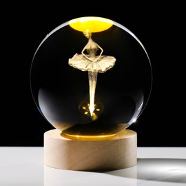 Arikyrist 3D Ballet Dancer Girl Figurine Crystal Ball with Wooden Base, Laser Engraved Ballerina Dancing Figurines Gifts for Girls, Ballet Dancer Girl Statue Home Decor Glass Sphere Paperweight