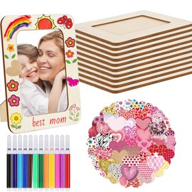 MineIdea 10 PCS DIY Wooden Picture Frames with Protector Films, 4 x 6 in Photos Wood Picture Frames for Crafts, Unfinished Wood Frames Craft Kit with 12 Color Pens for DIY Craft (with Heart Stickers)