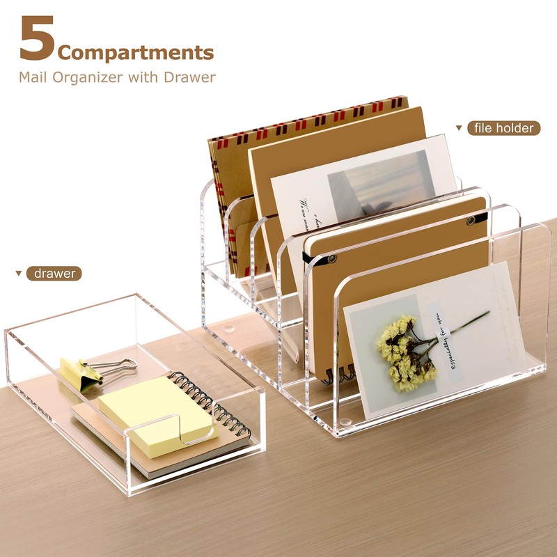 SANRUI Acrylic Mail Sorter Desktop Organizer Holder with Drawer, 5
