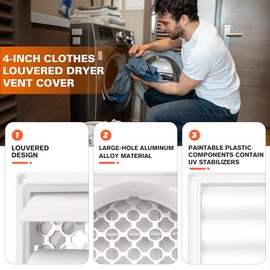 4" Louvered Dryer Vent Cover by Beaquicy - Outdoor White Exhaust Cap with Aluminum Built-in Pest Guard Screen & Screws for 4 Inch Opening Hood Duct