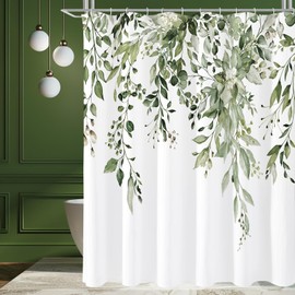 Gibelle Olive Green Eucalyptus Shower Curtain, Watercolor Plant Leaves with Floral Bathroom Shower Curtain Set with Hooks, 72x72