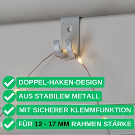 Window Hooks for Hanging, Pack of 12, White, Metal, Decorative Hooks for 12 to 17 mm Wing Thickness, Door Hooks without Gluing and Drilling, Window Clip for Fairy Lights, Decoration, Door Wreath,