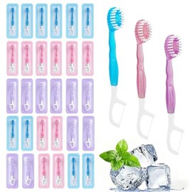 30 Cepillos de Dientes Viaje Desechables Envueltos Individualmente, Mini Cepillo de Dientes Premontado 5 En 1, Portátil, Sin Flúor, con Pasta Integrada (Sabor Peppermint, Melocotón, Sakura)