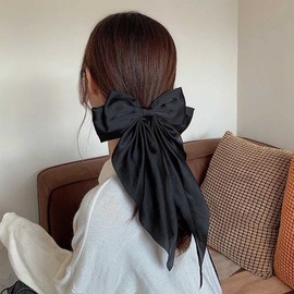 Jugielu Vintage Large Satin Bow Hair Clips Black Silk Bowknot Hair Pin Big Bow Hair Barrettes Long Tail Silk Ribbion Bow Hair Accessories for Women Headdress