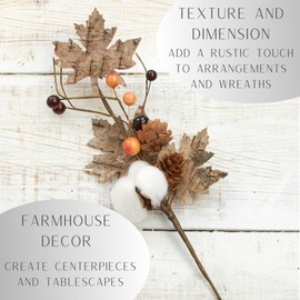 Factory Direct Craft Artificial Fall Leaf, Cotton and Berries Stems Set of 2 - Fake Cotton and Fall Leaves Picks for Farmhouse Arrangements and Rustic Wreath Accents (12 Inches High)