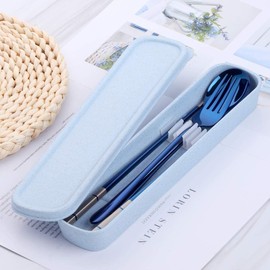 Travel Utensils, 18/8 Stainless Steel 4pcs Cutlery Set Portable Camp Reusable Flatware Silverware, Include Fork Spoon Chopsticks with Wheat Case (Blue)