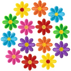 PAGOW 14 Pcs Flower Iron on Patches, Cute Daisy Flower Applique Patch, Sew On Embroidered Applique Sewing Patches for Bags, Jackets, Jeans, Clothes DIY Patches, 1.61x1.61inch (W*H), 7 Bright Colors