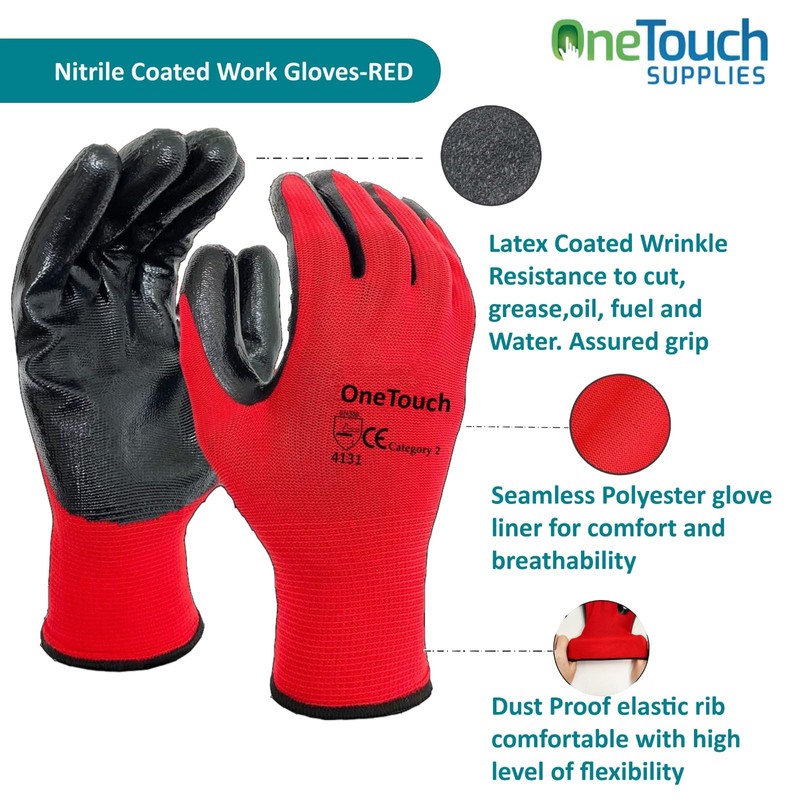 A406 A406 24 Pair Red Work Gloves Nitrile Coated for