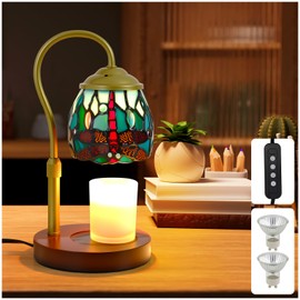 Candle Warmer Lamp Tiffany Style Dragonfly, with Timer Dimmer Adjustable Height, Stained Glass Candle Warmer Lamp with 2 Bulbs, Vintage Home Decor Gift, Wax Melt Warmer for Scented Jar Candles