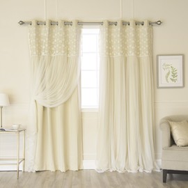 Best Home Fashion Floral Lace Overlay Thermal Insulated Blackout Curtains - Stainless Steel Nickel Grommet Top - Beige - 52" W x 84" L - (Set of 2 Panels)