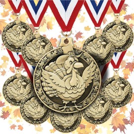 Crown Awards Bulk 2" Gold Turkey Medal with Red White and Blue Ribbon Turkey Thanksgiving Award 10 Pack