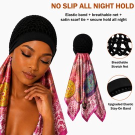 2 in 1 Wrap Cap Hair Net and Scarf for Silk Press, Satin Wrap Cap Bonnet for Women, Adjustable Stay-On Sleep Hair Net Scarf for All Hair Types (Rose pink, One Size)