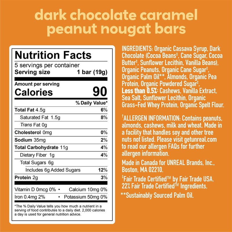 UNREAL Dark Chocolate Caramel Peanut Nougat Bars - Non-GMO, Less