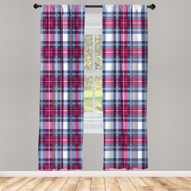 Ambesonne Plaid Curtains, Classical British Tartan Design with a Modern Look Pink and Blue Tile Pattern, Window Treatments 2 Panel Set for Living Room Bedroom, Pair of - 28" x 63", Grey Pink