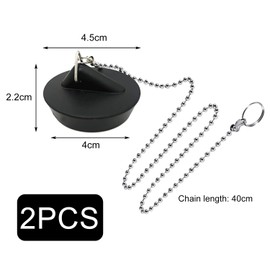 Sink Plug Rubber (Pack of 2), Universal Sink Plug with Stainless Steel Ball Chain, for Kitchen Sink, Bathroom Drain Stopper Plug, Black