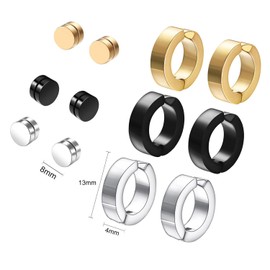 Vogem 6 Pairs Magnetic Stud Earrings Clip Earrings Men's Stainless Steel Magnetic Earrings Set Non Pierced Punk Jewellery, Stainless Steel