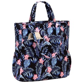 VASCHY Beach Bag for Women, Floral Lightweight Shoulder Tote Bag Foldable Water Resistant Sandproof Handbag Pool Gym Bag with Zip and Multi-pockets for Vacation, Travel(Black Leaves)