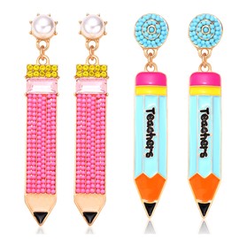 2 Pairs Pencil Earrings for Women, Beaded Pearl Teacher Pencil Dangle Earrings Hypoallergenic, Cute Student Pencil Stud Drop Earrings, Teachers Appreciation Day Back to School Earrings Jewelry Gifts