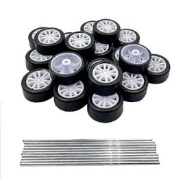 20PCS Small Toy Car Wheel 18mm Model Car Mini Rubber Tire Wheels with 10PCS Shaft Round Rod Axles for DIY Model Toy RC Car Truck Robot Building Accessories (White 2x18mm)