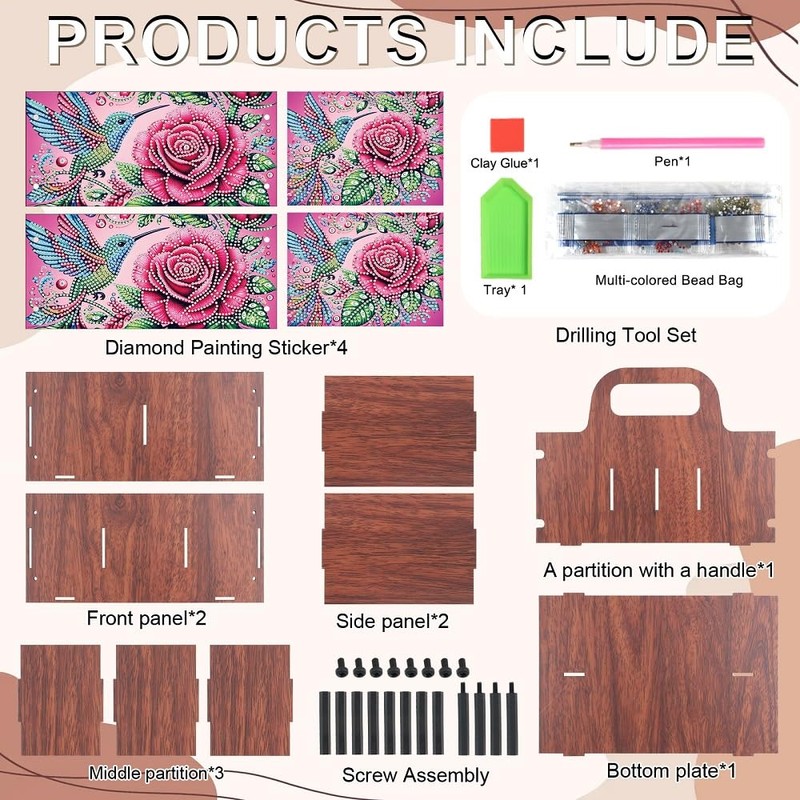 DIY Diamond Art Storage Box with Handle Hummingbird and Rose