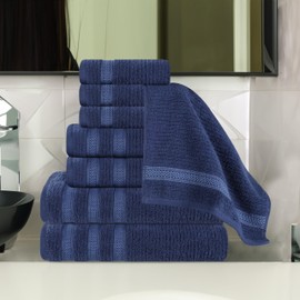 Superior Cotton 8-Piece Towel Set, Zero Twist, Ribbed Geometric, Bathroom Essentials, Shower, Spa, Luxury Plush Soft Absorbent Towels, Includes 2 Bath, 2 Hand, 4 Washcloth/Face Towels, Navy Blue