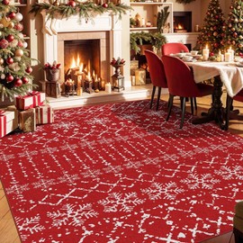 Christmas Area Rugs 8x10 for Living Room Red Snowflake Plaid Decorative Modern Rug Holiday Decor Geometric Non Slip Rug Washable Carpet for Bedroom Dining Room