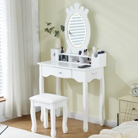 4HOMART Yvonne&F.L.A.M. Makeup Vanity Table Set Vanity Desk with Stool with Drawers Dimmable Lighted Mirror with Voice and Touch Control Light,Make up Vanity for Girls Women