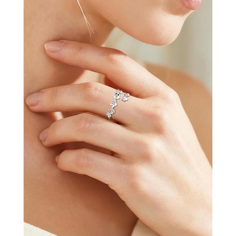 Desnuage Silver Flower Rings Stackable and Adjustable Thin Wrap Rings
