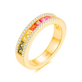 Lisandra Scott Half Rainbow Ring Made of 925 Sterling Silver with Coloured Stone Decoration Framed by Sparkling Zirconia Stones, Colourful Luxury Women's Ring with Colourful Stones for Women and