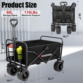 HAOYOO Collapsible Foldable Wagon with Wheels, 440lbs Heavy Duty Utility Beach Wagon for Grocery, Sports, Garden, Shopping, Camping