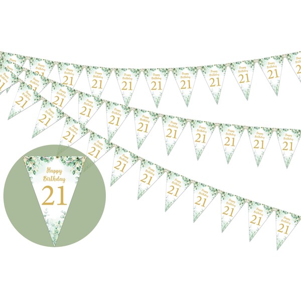 3 Pack 21st Happy Birthday Bunting Banner, Sage Green Triangle