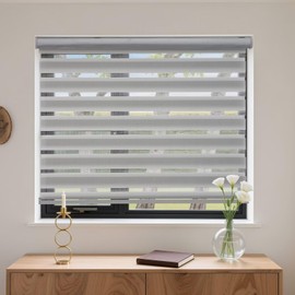 MYshade Cordless Zebra Blinds with Free-Stop Function - Dual Layer Light Filtering & Privacy Sheer Shades for Day and Night - Easy Install Window Shades for Home, Living Room, 33" W x 72" H,Grey