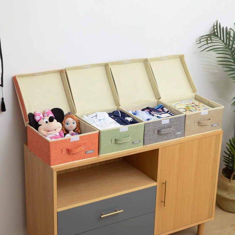 YueYue Small 4 Pack Fabric Stroage Box with Lids, Linen