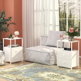 Tohomeor Nightstand with Charging Station LED Light End Table Bedroom Bed Side Dresser with Fabric Drawers Open Storage Shelf Living Room Sofa End Table with USB Ports and Outlet (White, 2 Packs)