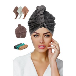 Luxury Hair Towel Wrap Quick Magic Dry Towelling Hair Turban Hat 100% Cotton Water Absorbent Drying Caps with Loop and Button Fastener– Size 62x23cm Pack of 2 - Grey