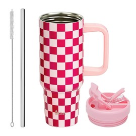 ATLIST ProTour 100% Leakproof 40 oz Tumbler with Handle & 4-in-1 SipSwig Lid | Built-In Flip Straw & External Stainless Steel Straw | Insulated Stainless Steel Cup | BPA-Free | Pink Checkered
