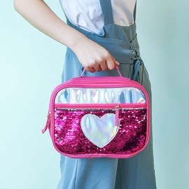 Lonchera de mano, reutilizable con aislamiento, con lentejuelas, bolsa de mano, espaciosa, bolsa de transporte, lonchera de regalo para mujeres, brillante, oficina, viaje, comida (corazón rojo rosa)