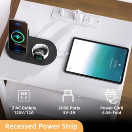 Simple Trending Nightstand with Charging Station, Side Table with Fabric Drawers, EndTable with Open Shelf, Bedside Table with USB Ports and Outlets, Night Stand for Bedroom, White